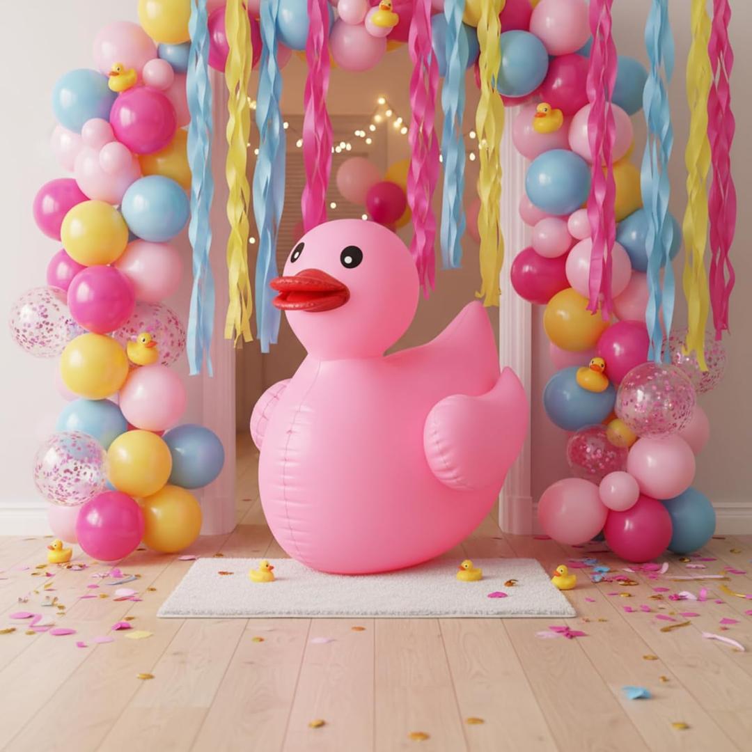 Hungdao Duck Party Decorations 4ft Giant Inflatable Duck Birthday Decorations Pink Party Supplies Include Tinsel Garland and Streamer Blow up Pool Float for Birthday Baby Shower Wedding Swimming Pool