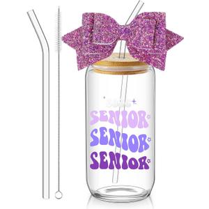 Hushee Class of 2027 Senior Night Gifts 16 oz Glass Water Bottle with Lids Straws Glitter Bow Straw Topper Senior 2027 Tumbler Graduation Gift for Her Women Team Coach Player(Purple)