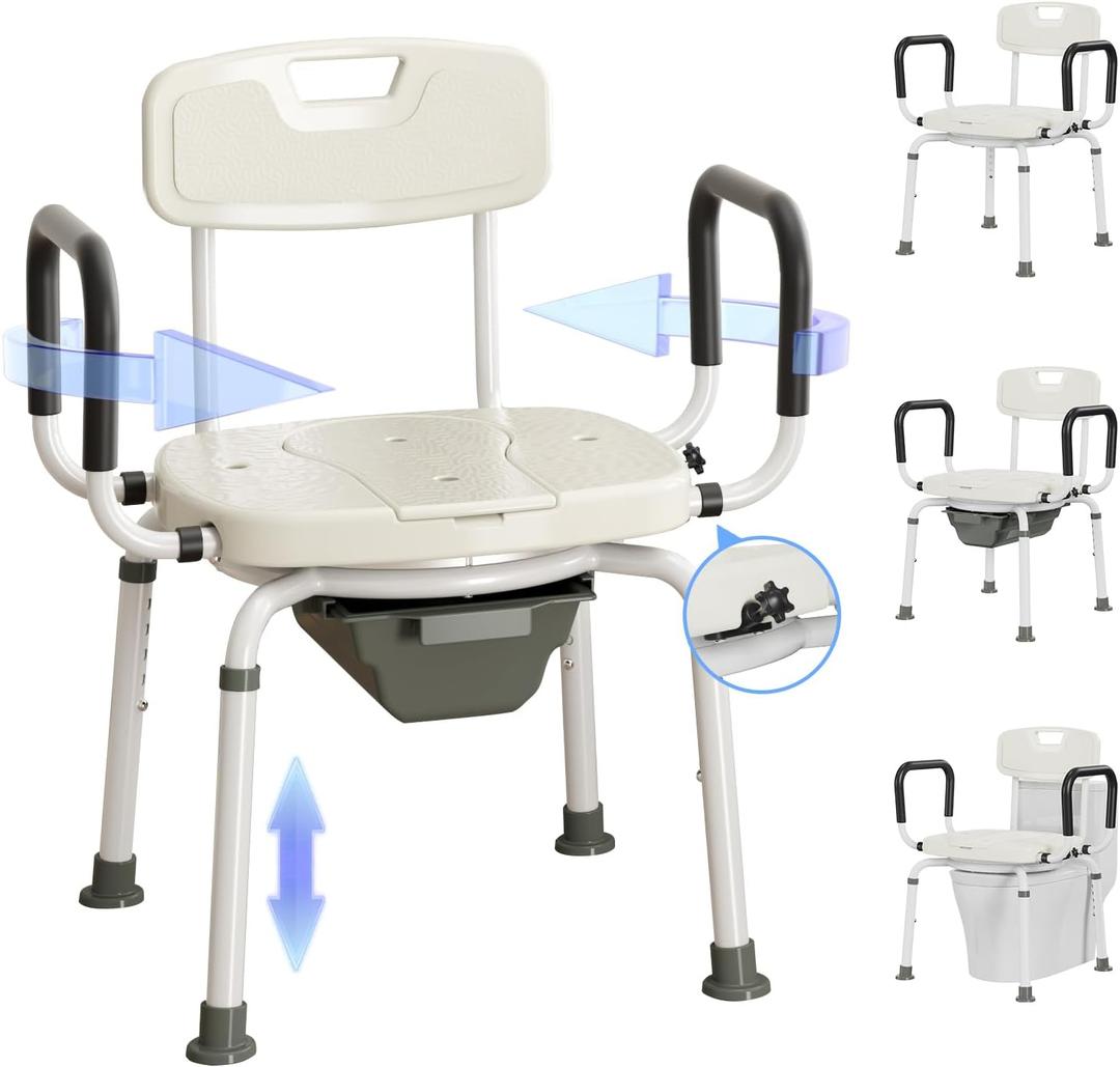 4 in 1 Bedside Commode for Seniors,Portable Toilet for Adults with Arms & Removable Bucket,Height Adjustable Commode Chair for ToiletSwivel Shower Chair for Inside Shower for Handicapped, Adults
