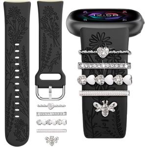 Wildflower Engraved Bands Compatible with Fitbit Sense 2, Versa 4/3, Sense Band with Charms, Soft Silicone Replacement Wristbands Strap with Cute Decorative Rings Accessories for Women