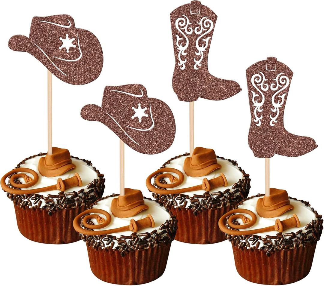 24 PCS Cowboy Cupcake Toppers Glitter Cowboy Hats Boots Cupcake Picks Cowboy Party Cupcake Decorations for Western Theme Baby Shower Boys Birthday Party Cake Decorations Supplies Brown