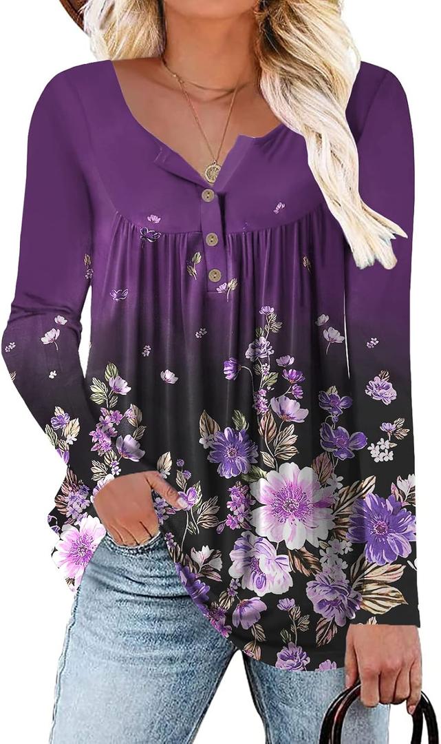 Womens-Tops-Long-Sleeve Henley Shirts V Neck Blouses Buttons Up Tunics Flowy Pleated Blouses (Medium, 03_floral)