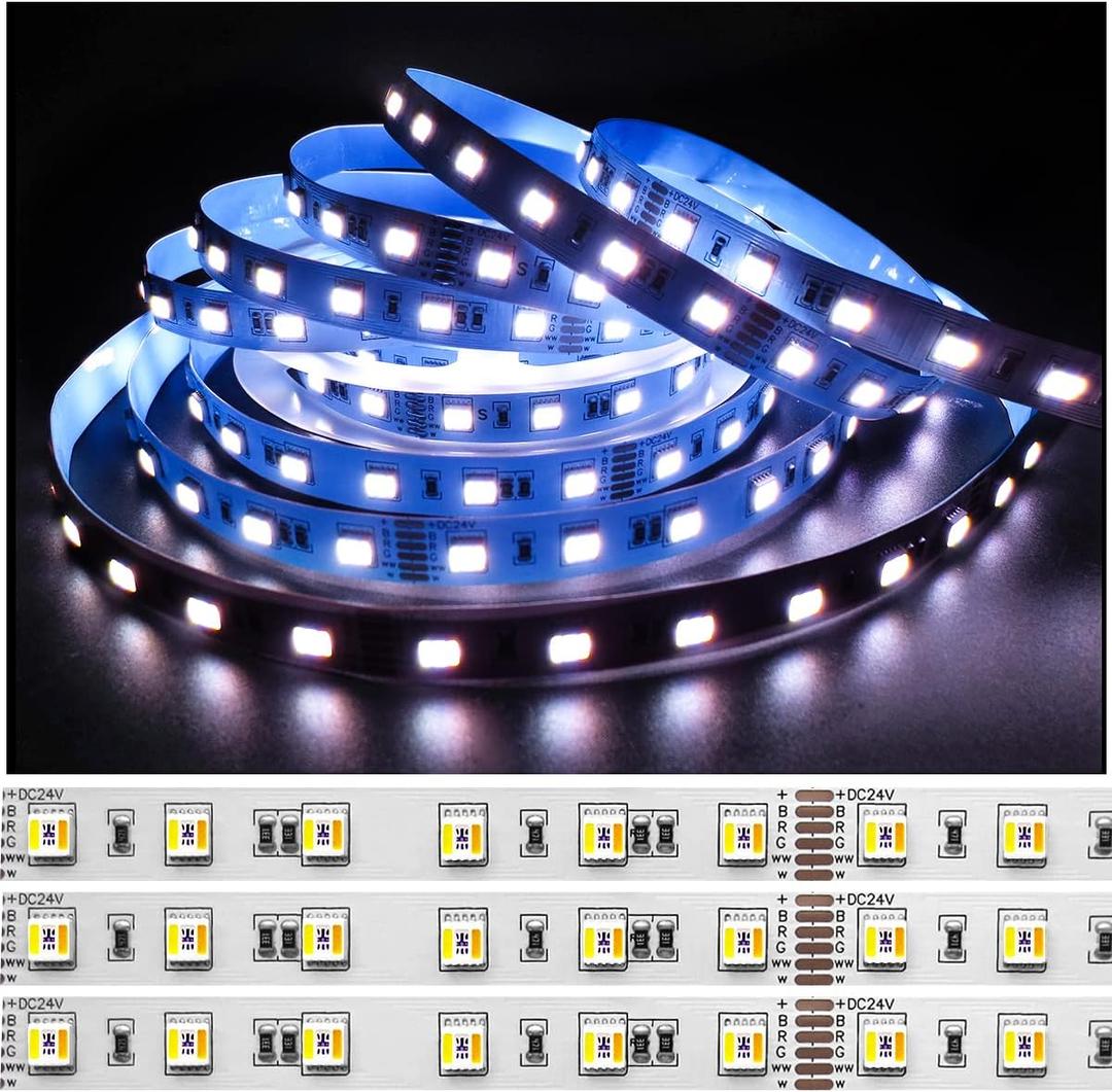 24V 5 in 1 LED Strip Lights RGB + CCT, RGB + White + Warm White (2800K to 6500K) RGBCW 5M Mixed Colour Adjustable Light Strips IP20 300 LEDs for Bedroom, Kitchen, Advertising Decoration