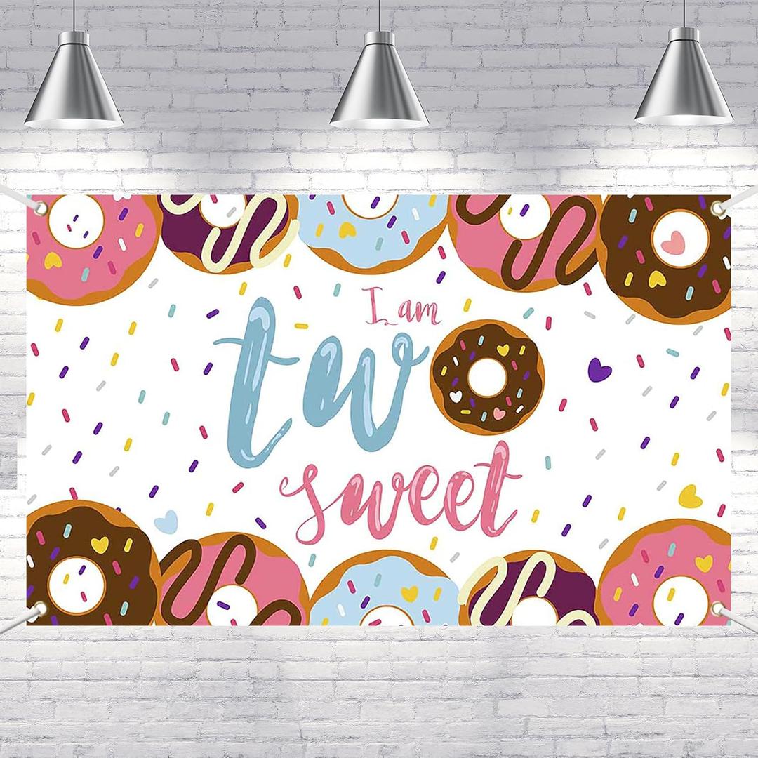 Lofaris "I Am Two Sweet" Birthday Banner - 70.8x43.3 Inch Donut and Sprinkles Theme Banner for 2nd Birthday Party - Polyester Material, Includes 1 Banner for Kids Birthday Celebration