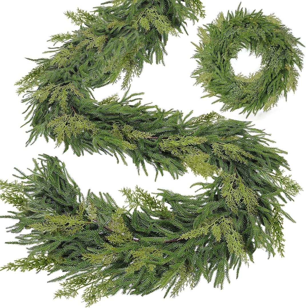 Extra Thick&Lush - 6Ft by 12 Inch Christmas Garland Norfolk Pine Garland, Real Touch Cedar Garland, Realistic Soft 120 Branch Tips Pine&Cedar Faux Greenery Cypress Garlands for Mantle Outdoor Indoor