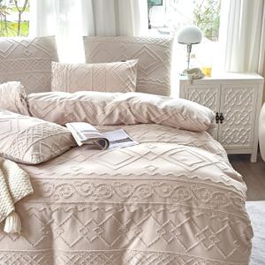 Beige Tufted Duvet Cover Queen Size 3 Pieces Set Boho Queen Comforter/Quilt/Blanket Cover Best Touch Soft Breathable Bohemian Textured Farmhouse Bedroom Decor for All Season