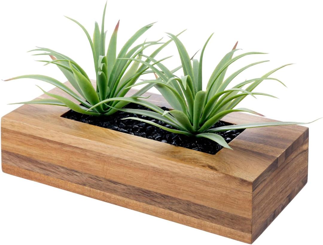 MyGift 10 Inch Artificial Green Grass Plants in Deluxe Acacia Solid Wood Decorative Planter Pot, Faux Greenery in Rectangular Wooden Container (9.5 Inch, Brown)