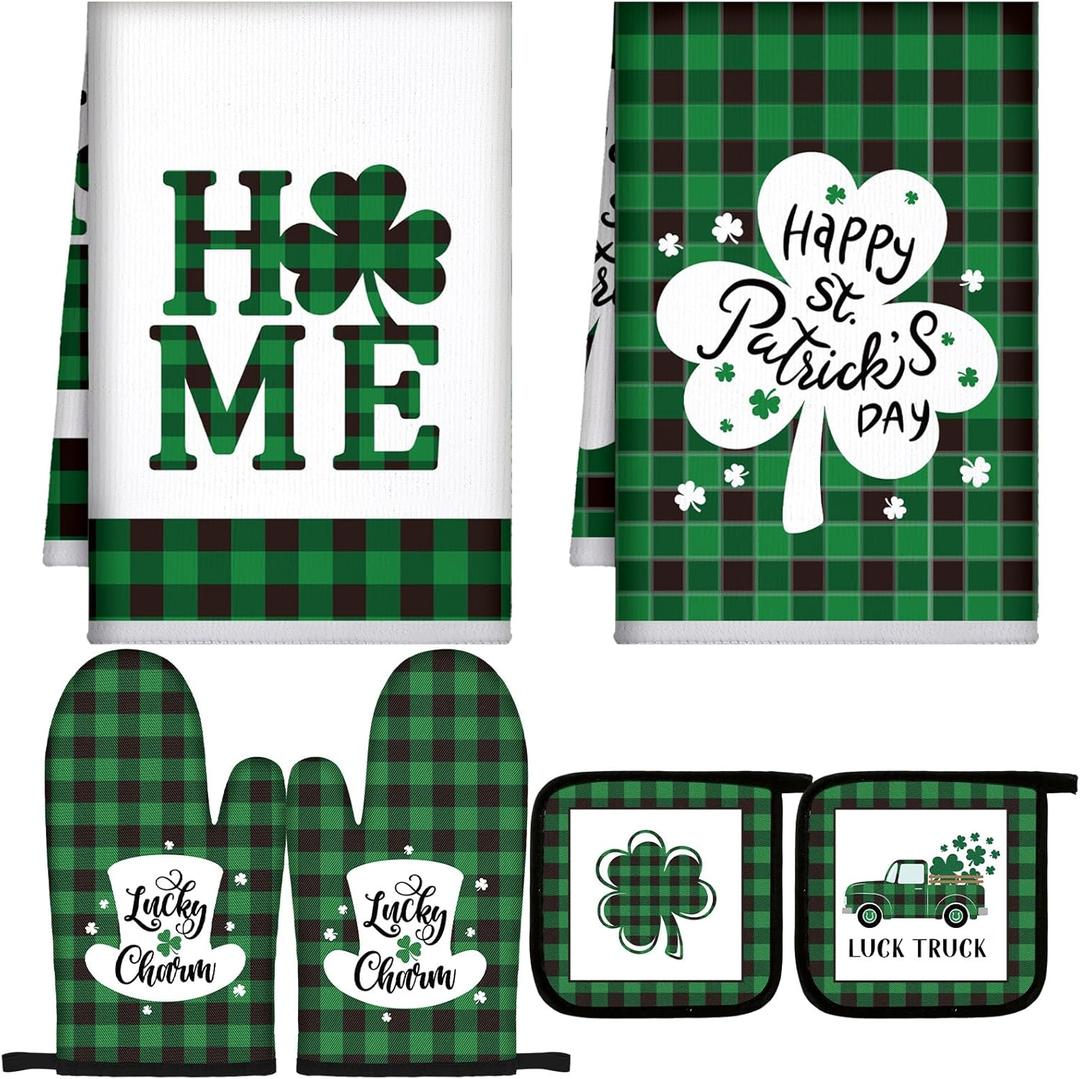 Bencailor 6 Pcs St. Patrick's Day Kitchen Decor Set Kitchen Towels Oven Mitts Pot Holder Irish Hats Truck Shamrocks Lucky Party Gifts Decorations for Home Housewarming
