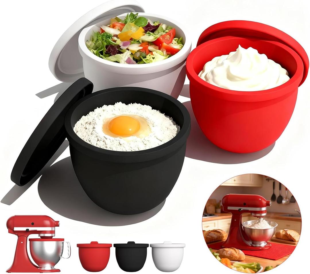 Silicone Bowl Liners for 5 Qt KitchenAid Mixers,3 Liners with Lids,Compatible with Stand Mixers,Non-Stick,Dishwasher Safe,for kitchen aid accessories and attachments, White & Red & Black