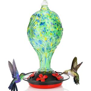 Hummingbird Feeder 32 OZ Hummingbird Feeders for Outdoors Hanging Attractive Hand Blown Glass 5 Feeding Ports & Metal Base Ant Moat Hook Leakproof Gasket Anti-Rust Feeder for Garden Backyard Dcor (Oasis)