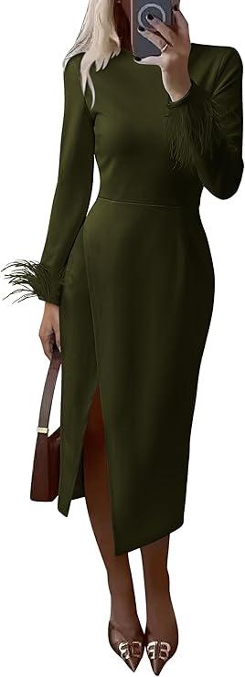 PRETTYGARDEN Women's 2025 Fall Long Sleeve Dress Formal Midi Bodycon Wrap Slit Feather Elegant Wedding Guest Cocktail Dresses, Size M, Army Green