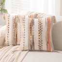 Boho Throw Pillow Covers 18x18 Set of 2 Woven Tufted Farmhouse Pillows Cover with Tassels Textured Striped Cushion Case Neutral Pillow Cases Decorative Pillowcase for Sofa Couch Bed,Orange