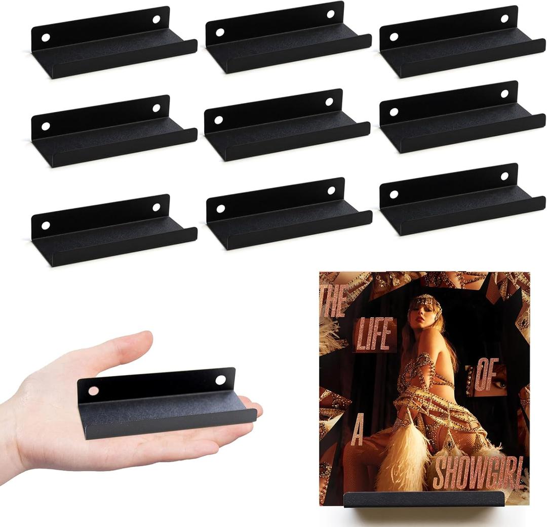 9 Pack Stainless Steel Vinyl Record Display Shelf Wall Mounted Holders Vinyl Wall Mount, Black Metal Stand Set for Albums LP Record Wall for CD Floating Record Display
