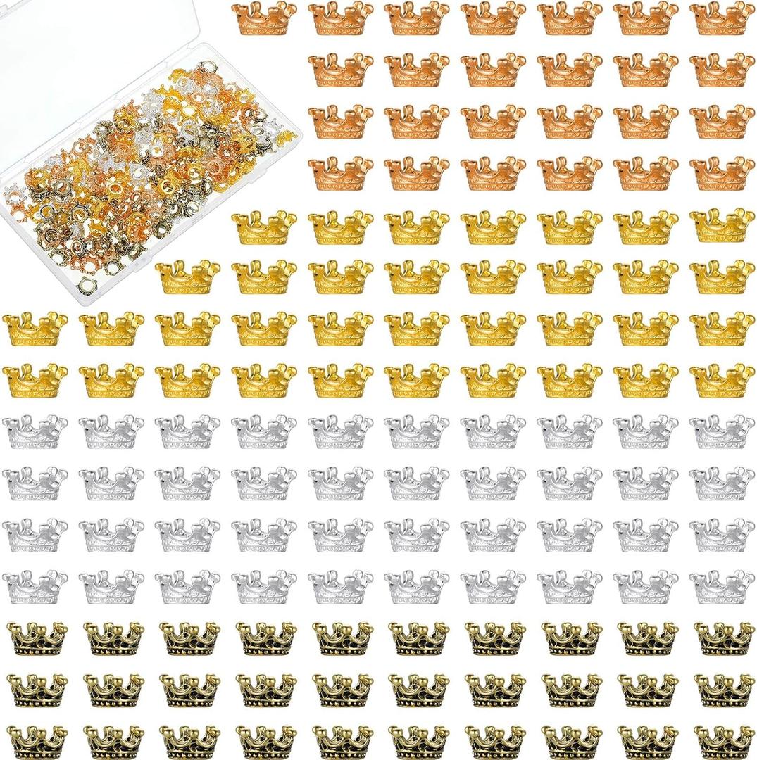 Kenning 200 Pcs Mini Crown for Crafts Crown Charms for Jewelry Making Colored Gold Silver Beads Bulk Large Hole Spacer Beads for DIY Crafts