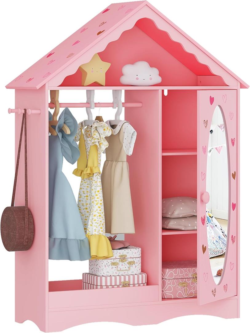 UTEX Kids Dress Up Storage with Mirror, Kids Wardrobe Closet, Dress Up Armoire for Little Girls, Open Hanging Costume Organizer with Storage Cabinet for Kids Room, Playroom | with Mirror, for Little Girls, Open Hanging, Costume Organizer, with Storage Cabinet