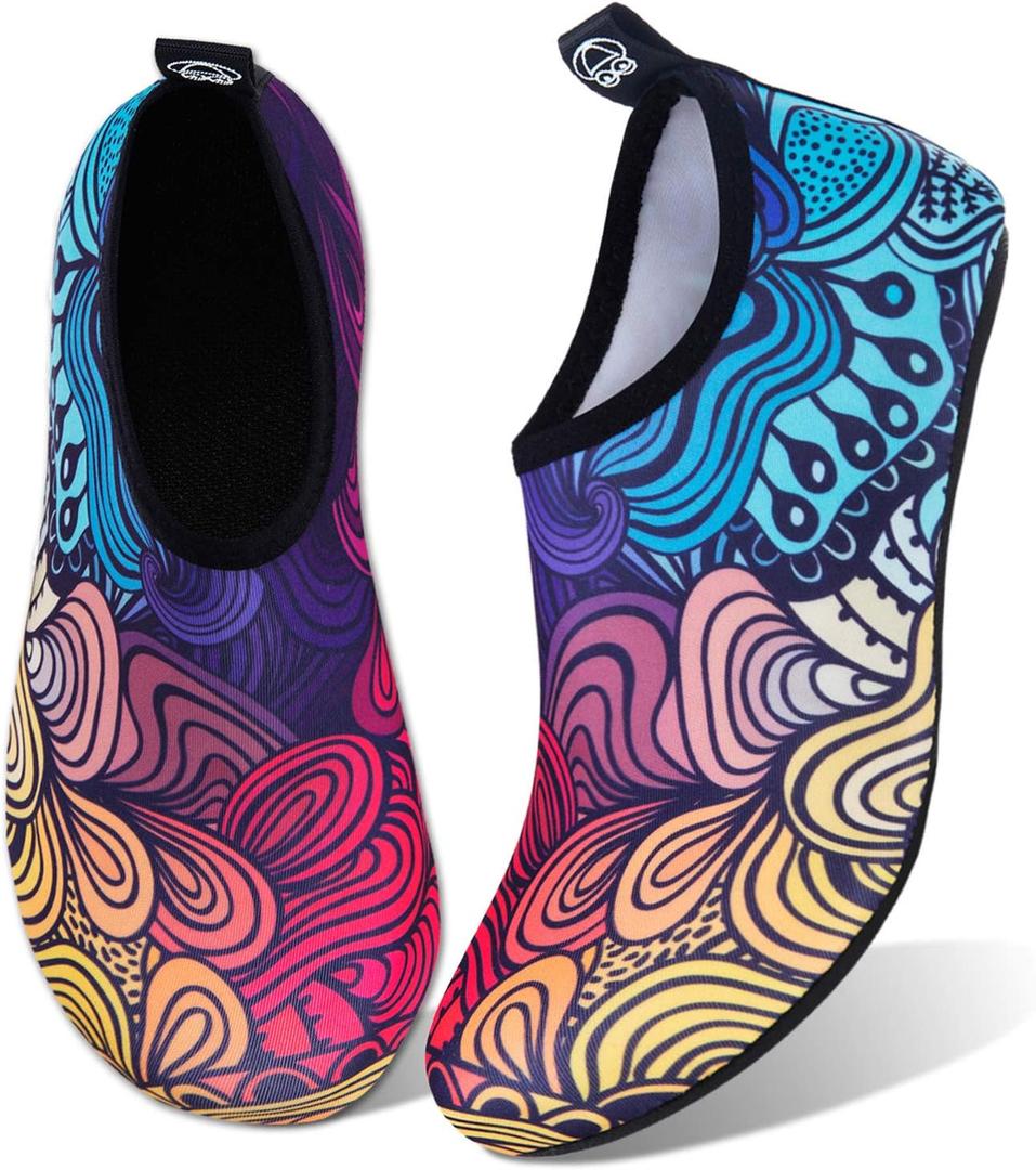 WateLves Water Shoes for Womens Mens Barefoot Quick-Dry Aqua Socks for Beach Swim Surf Yoga Exercise New Translucent Color Soles (9-10 Women/7.5-8.5 Men, Flower Gradient)