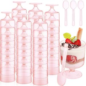 Nuogo 100 Pack 5 oz Clear Plastic Dessert Cups with Spoons Mini Disposable Appetizer Yogurt Parfait Cup for Mousse Dessert Puddings Ice Cream(Pink Color)