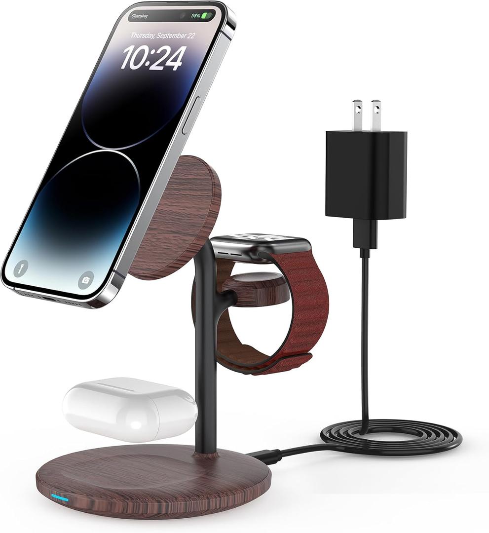 XooFly 3 in 1 Wireless Charging Station for Apple Devices, Fast Wireless Mag-Safe Charger Stand with 20W Adapter for iPhone 17/16 15 14 13 12 Pro Max/Pro/Plus/Air/Mini,iWatch,AirPods,Brown Wood Grain