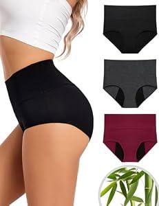 EcoPeriod Bamboo Period Underwear for Women Heavy Flow High Waist Postpartum Underwear Menstrual Leakproof Period Panties 3 Pack(Black + DeepGray + WineRed,4XL)