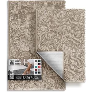 Hearth & Harbor Bathroom Rugs, Chenille Bath Mat - Machine Washable Bath Mats for Bathroom Non-Slip Backing Rubber, Quick Dry Bathroom Mat (Beige)