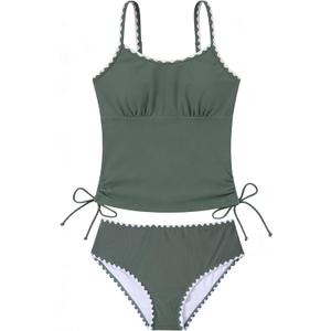 Funnycokid Teen Girls Swimsuit Padded Bathing Suit 2 Piece Tankini Contrast Trim Ruched Design Swimwear (13-14 Years, Green)