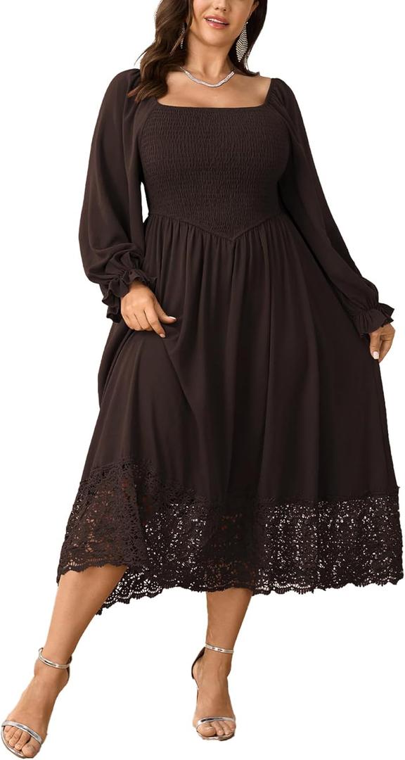SHESTARR Women's Plus Size Maxi Dress Long Sleeve Square Neck Smocked Flowy A-Line Lace Trim Wedding Guest Dresses (Brown), 3XL