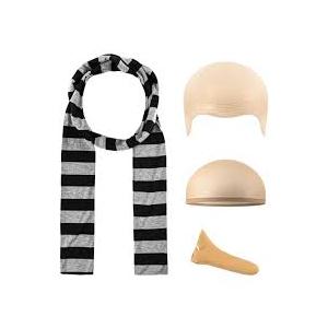 4pcs Halloween Costume Accessories for Adults, Novelty Fake Nose, Bald Cap, Black Gray Striped Scarf for Cosplay Classic Characters, Halloween Party Cosplay Set for Men