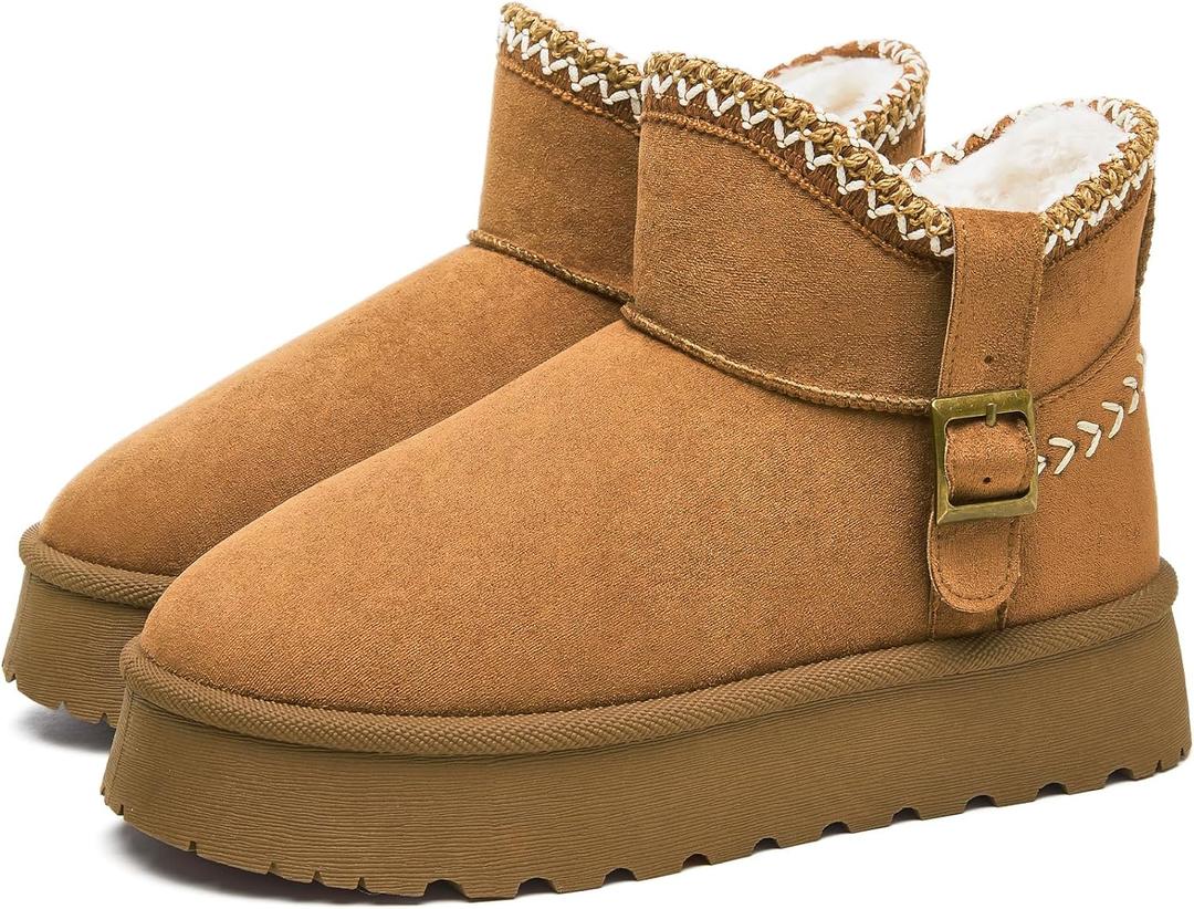 FINIWOR Snow Boots for Women Waterproof, Warm Fur Lined Mini Womens Boots Winter, Fall Ankle Boots Platform Non-slip (Brown)