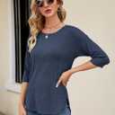 Kancystore Womens 3/4 Length Sleeve Tops Casual Loose Fit Tunic Shirts Crewneck Basic Tees (Blue)