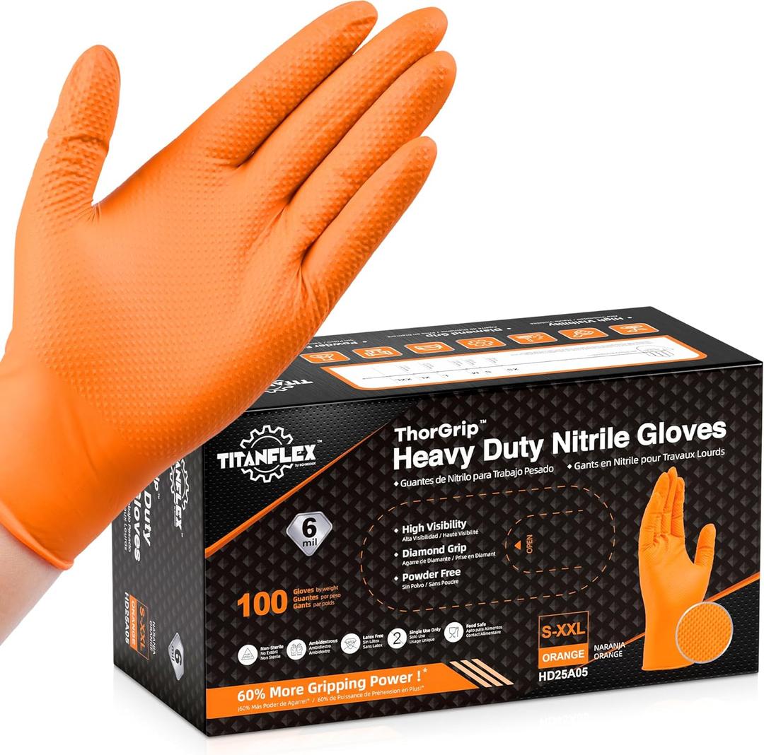 TitanFlex Heavy Duty Orange Industrial Nitrile Gloves with Raised Diamond Texture, Latex Free (6mil/8mil) (04 6mil (100ct)