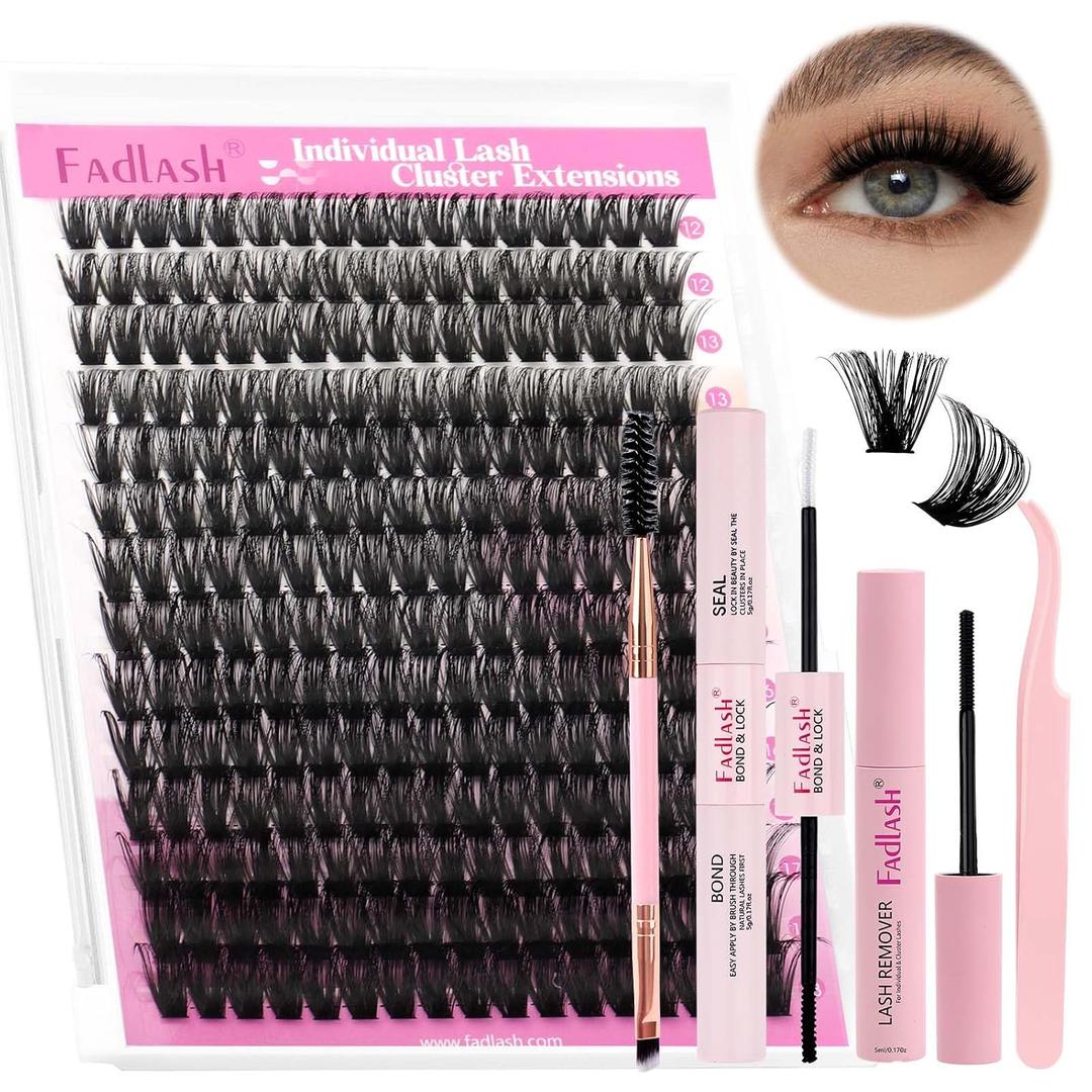 FADLASH DIY Lash Extension Kit Individual Lashes Cluster D Curl Eyelash Extension Kit D Curl Lash Clusters Lash Applicator Tool for Self Application at Home(KIT 80D-D-12-18mm)