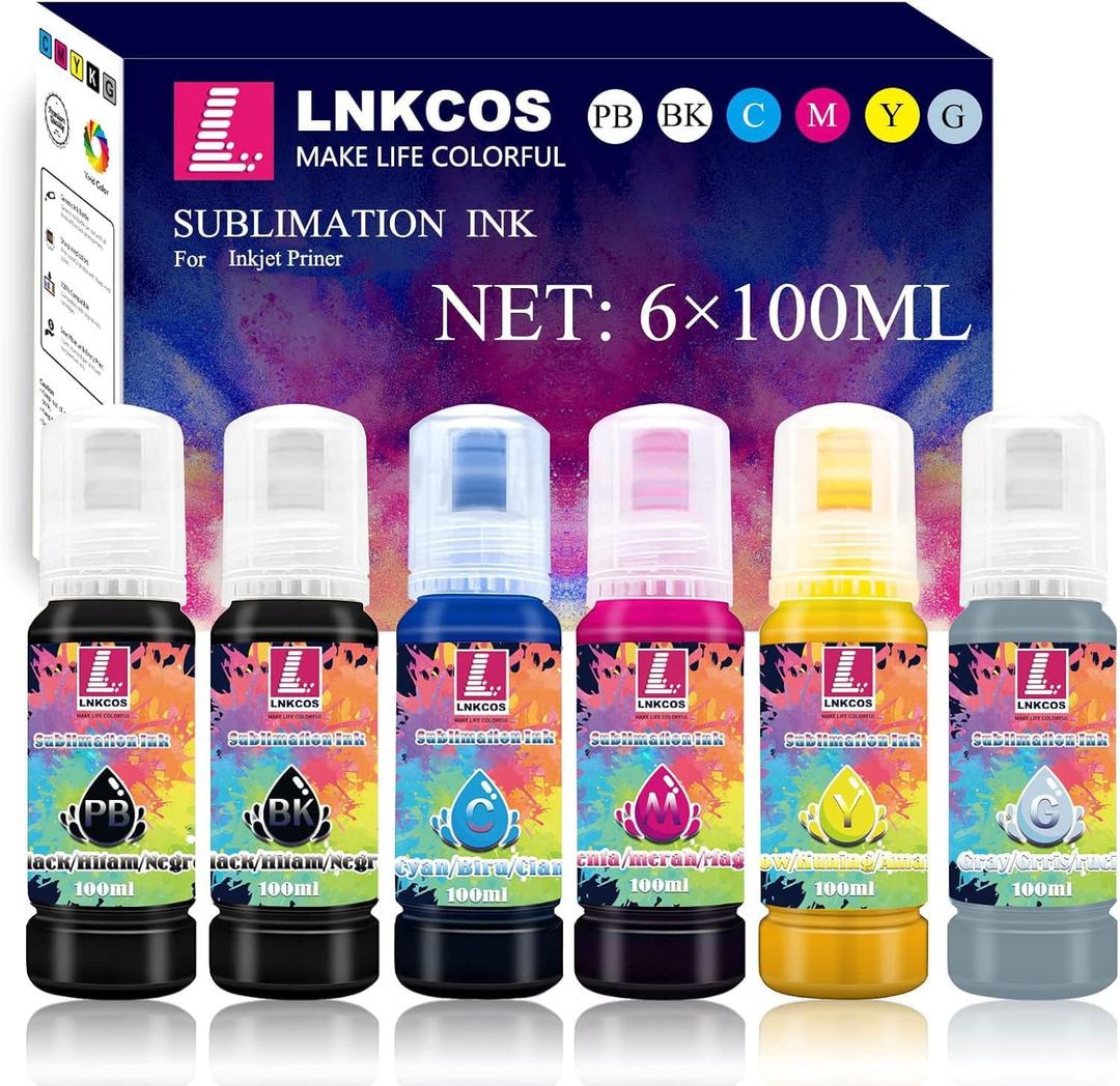 600ML Sublimation Ink for ET-8500 ET-8550 Wide-Format Supertank Printers (6 Color, 6100ML, BK PB C M Y K Grey, Bigger Bottles with More Ink to Fill The Tanks) (PBCMYKGRAY)