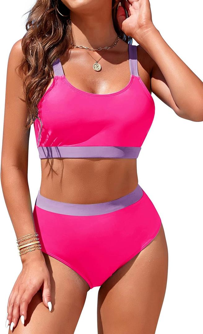 Womens High Waisted Bikini Sets Sporty Crop Top Color Block Swimwear Bandeau Scoop Neck Vintage Two Piece Bathing Suits (Large, Hot Pink)