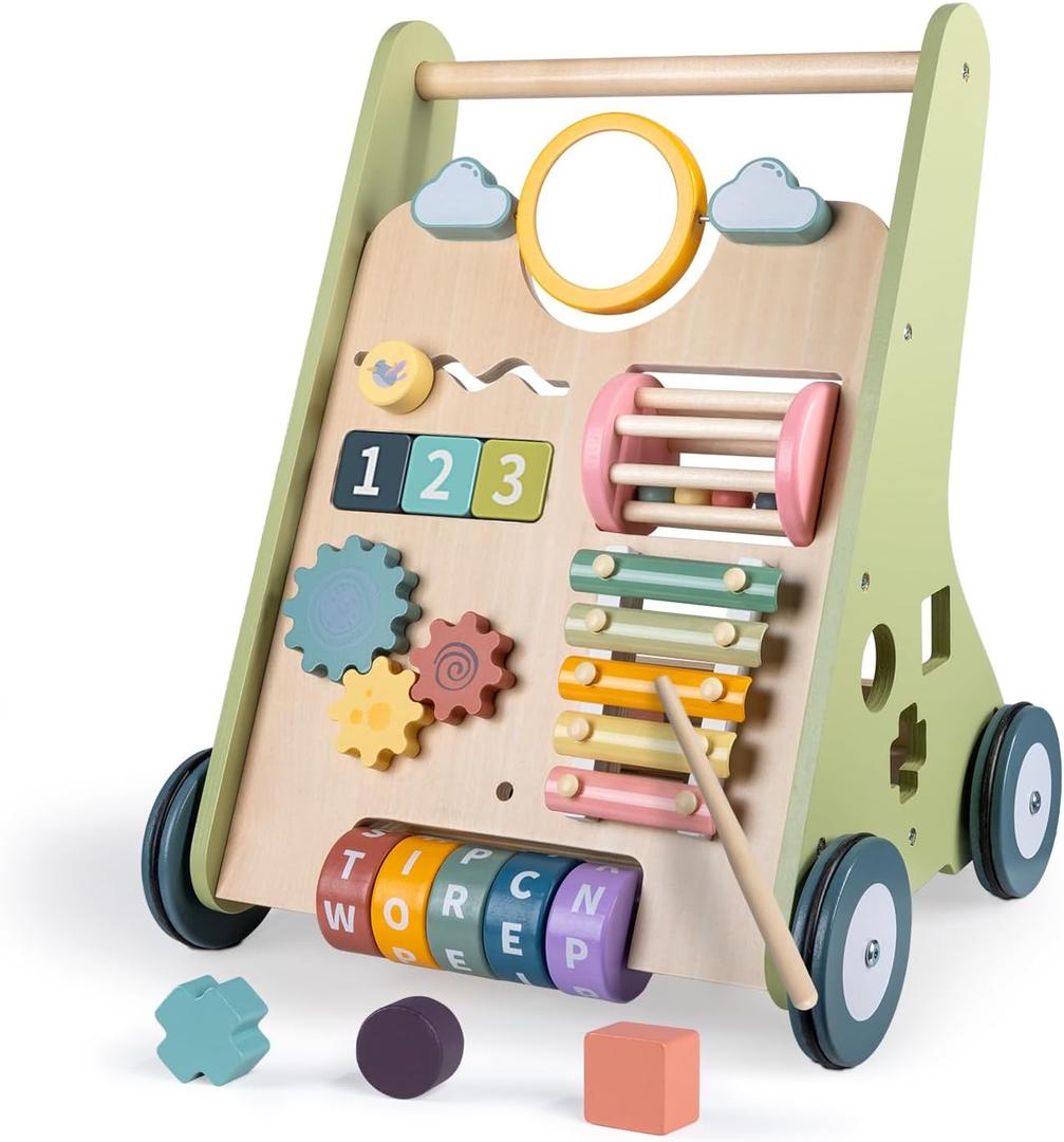 Wooden Baby Walker with Wheels, Baby Walker for Boys 6-12 Months Push Toy, Montessori Walking Toys for 1 Year Old Activity Center