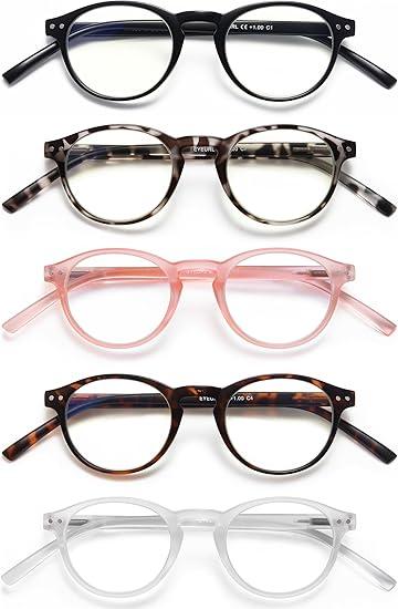 EYEURL 5-Pack Round Reading Glasses for Women Men Neck Hanging Small Blue Light Glasses Retro Round Computer Glasses With Spring Hinges TR90 Lightweight Readers for Women 2.0
