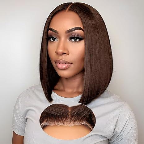 EAGERA Brown Glueless Wigs Human Hair Pre Plucked Pre Cut 16 Inch 9x6 Chocolate Brown Wear and Go Bob HD Lace Closure Wig Bleached Knots Short Brown Straight Wig 180% Density for Women
