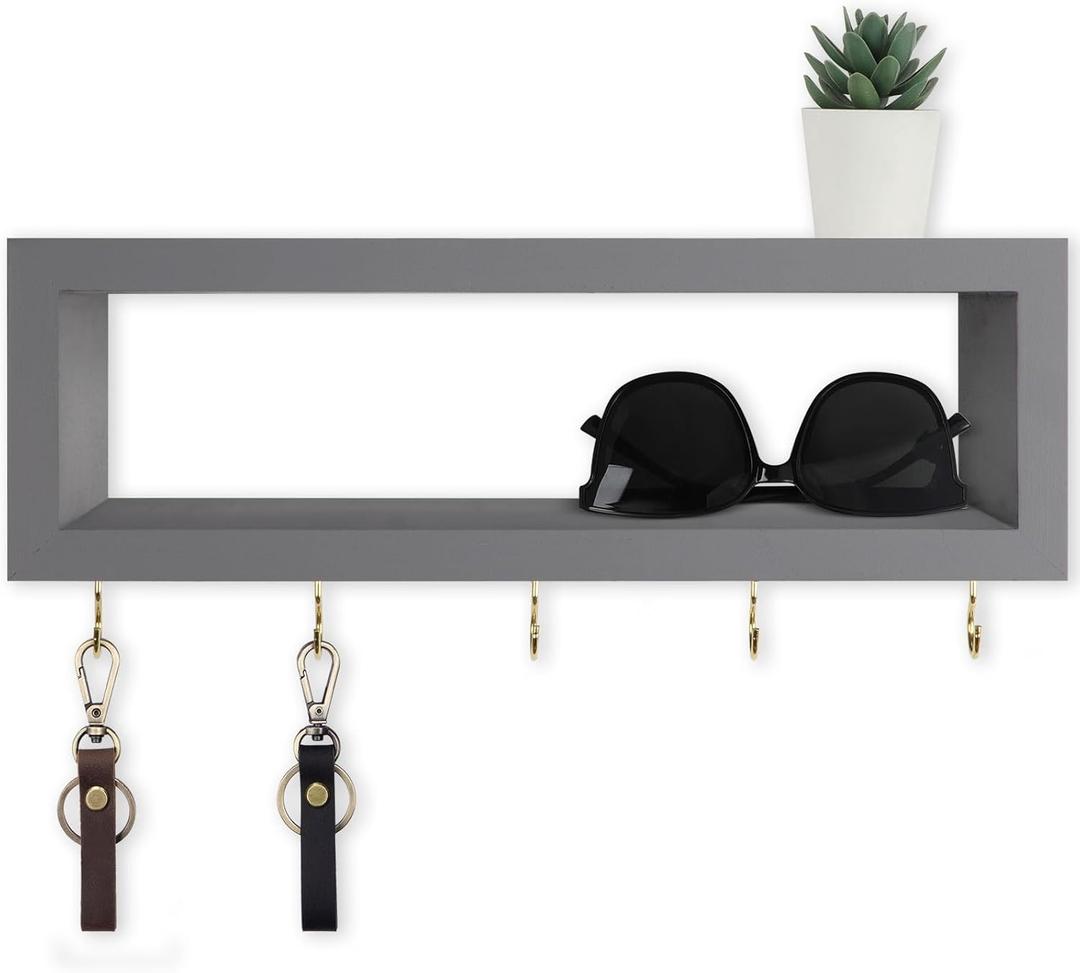 Lwenki Wall Shelf with Hooks - Decorative Key and Wallet Holder for Wall Holds Sunglasses, Leashes, Scarves and Lanyards - 15.7" x 5.1" x 2.9" Entryway Organizer Made of Paulownia Wood (Gray) (Grey)
