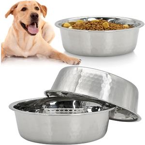 Fhiny 3 Pack Hammered Stainless Steel Dog Bowls, 8 Cups/64 Oz Premium Metal Puppy Feeder Bowl Set for Raised Feeding Station Basic Kitten Food & Water Dishes for Small & Medium Pets Dishwasher Safe (8.5 Outer Dia)