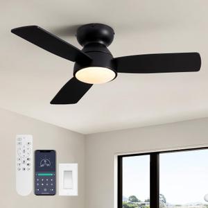 32" Ceiling Fan with Light and Remote, Small Quiet Low Profile Fandelier, Flush Mount Fan Lights with Memory Function, 3CCT, Dimmable, Reversible 6-Speeds, Timable Ceiling Fixtures-Black