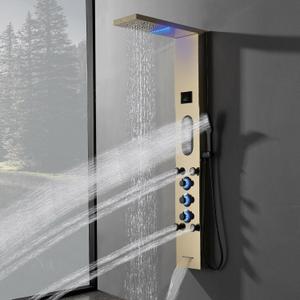 Gold Shower Tower, Bathroom Shower Panel System with Large Area Body Jet Massage Shower Fixtures with Temperature Display Adjustable Body Jets Tub Spout Hand Shower, Polished Gold
