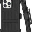 Belt Clip Holster Compatible with iPhone 15 Pro Max Defender Case with 360 Rotating Stand - Heavy Duty Protection Anti-Drop Shockproof, Black