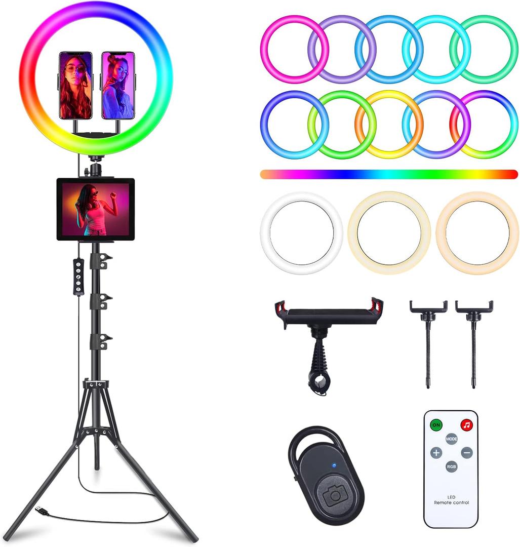 12" Selfie Ring Light with 75" Tripod Stand & 2 Phone Holder, LED Camera Ringlight with 48 RGB Colors Modes & Musical Rhythm Mode and 12 Brightness Dimmable for TikTok/Makeup/Photography/Vlog