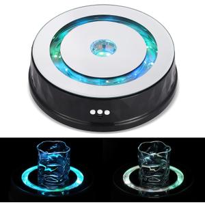 Rotating Display Stand 9inch/17.6lb LED Colorful Light 360 Degree Motorized Turntable Mirror Base Stand for Cup Crystal Glass Spherical Jewelry Display Party Decoration