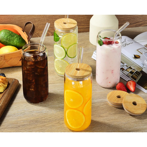 20 Oz Drinking Glasses with Bamboo Lids and Glass Straw - 4 Pcs Glass Cups Beer Ice Coffee Glasses Cute Aesthetic Cup Great for Coffee Bar Accessories Include 2 Cleaning Brushes
