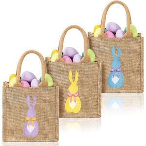 3 Pcs Easter Burlap Bags Bunny Easter Basket Essentials Spring Egg Hunts Candy Gift Tote Bag for Kids Boys Girls Eggs Candy Hunting Carrying Daily Use, Classic Colors
