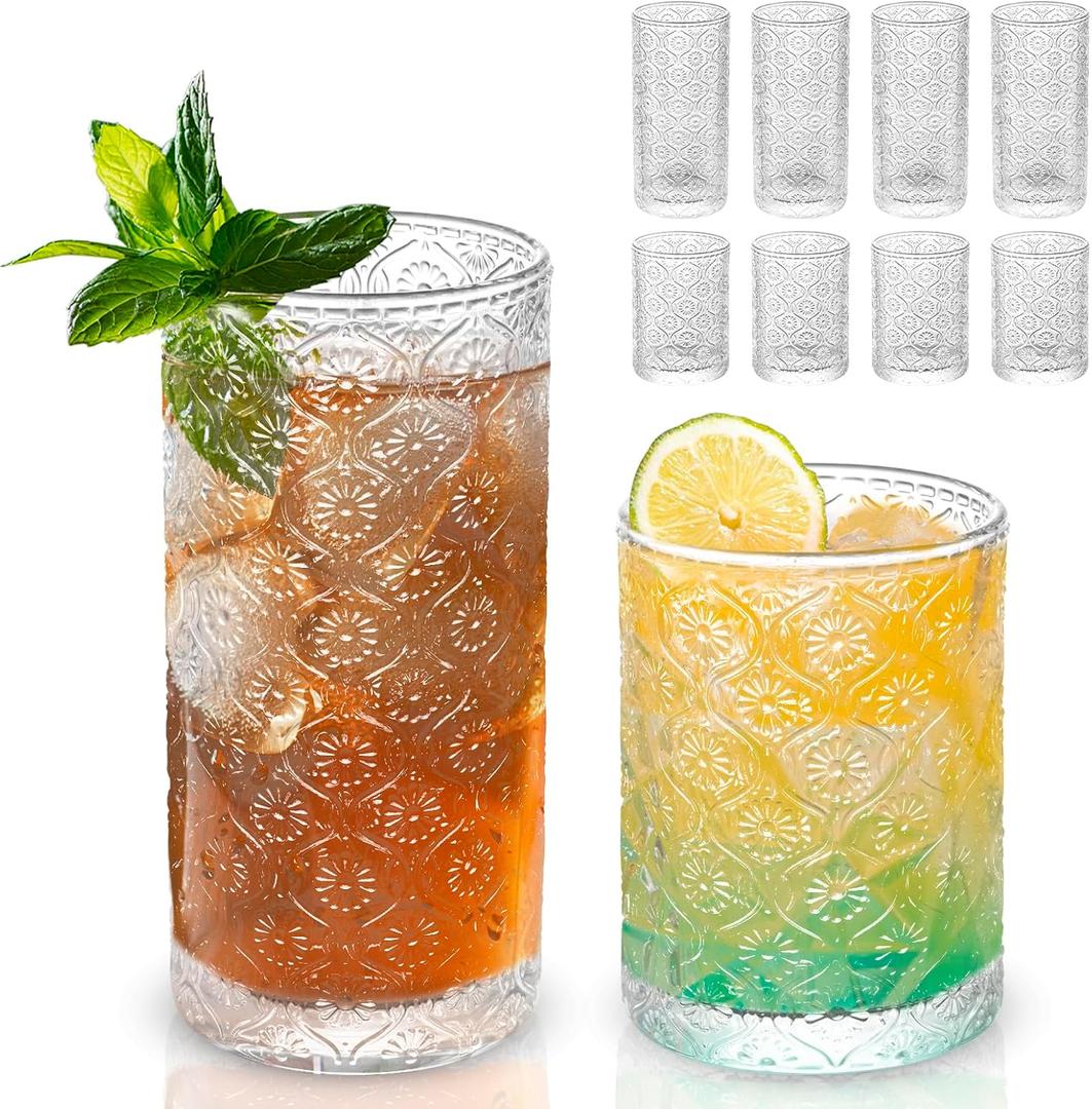 Vintage Sunflower-Pattern Glasses Set of 8, 14 oz Tall & 10 oz Short Glass Cups, Mixed-Size Embossed Glassware Tumblers for Water, Juice, Cocktails, Clear Textured Drinking Glasses, Dishwasher Safe