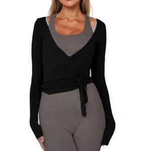 Women's Wrap Tie Top Y2k Long Sleeve Ballet Workout Yoga Shirt Coquette Blouses (Black, L)