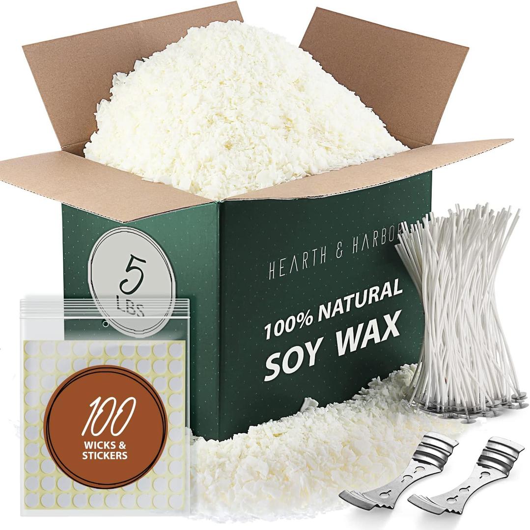 Hearth & Harbor Soy Candle Wax for Candle Making - Natural - 5 lb Bag, Premium Soy Wax Flakes, 100 Cotton Candle Wicks, 100 Wick Stickers, & 2 Centering Devices (5 lbs)