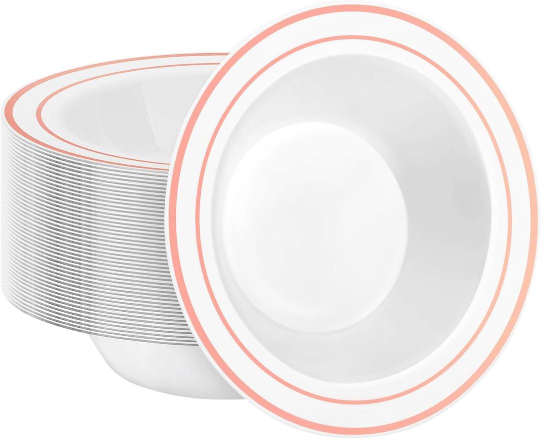 50 Pack Disposable Soup Bowls with Rose Gold Rim, 12oz Premium Heavy Duty Plastic Dinner Bowls for Party, Wedding and Holiday 50 Pack Disposable Soup Bowls with Rose Gold Rim, 12oz Premium Heavy Duty Plastic Dinner Bowls for Party, Wedding and Holiday