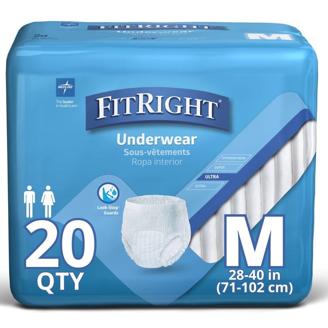 Medline Fitright Ultra Protective Underwear, Medium, 28" to 40" Waist, 20/Pack, 4 Pack/Carton